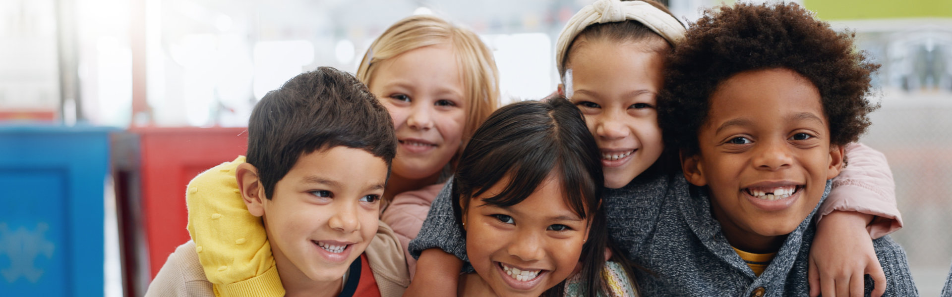 group and kids with smile at school for education