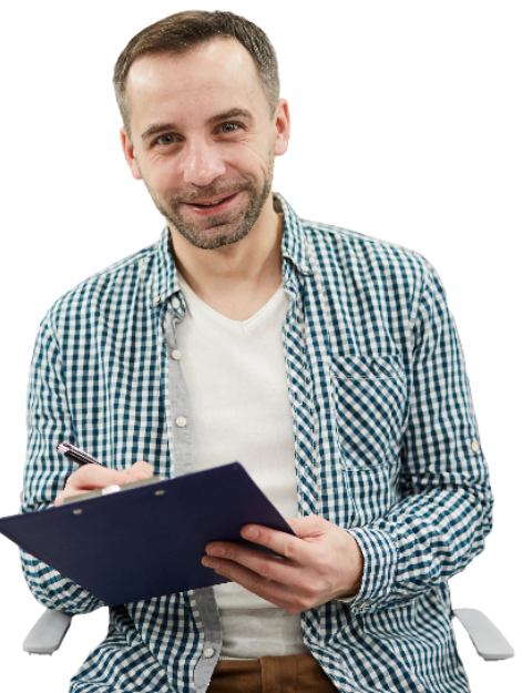 psychiatrist smiling while holding a pen and folder