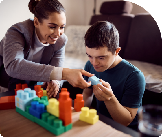 woman assist the young boy